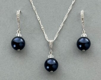 Crystal Pearl Jewelry Set, Silver Necklace and Earrings, Bridesmaid Gift