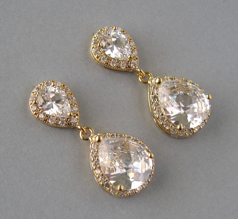 Stud Earrings Bridal Jewelry Yellow Gold Plated Clip Ons CB103 Gold Filled Chain Cubic Zirconia Clear Drop Necklace Bridesmaid Gift