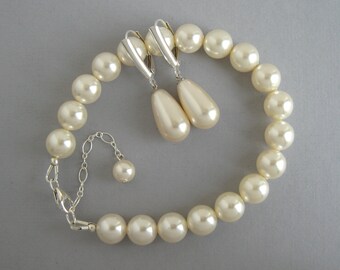 Austrian Crystal Pearl Jewelry Set: Sterling Silver Bracelet & Drop Earrings