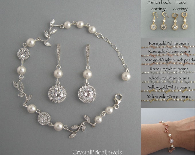 Handmade bridal earrings and bracelet set. Bridesmaid jewelry gift. Genuine Swarovski pearls & Crystal jewelry.Jewelry set with leaves-CB137