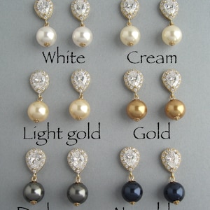 Swarovski Pearl Bridal Earrings: Gold Plated, Zircon Drop, Stud or Clip-On