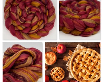 Signature Custom Blend  'Apple Pie' Combed Top 100% Merino Wool Red Gold Roving Fiber for Hand Spinning, Wet or Nuno Felting; Ready to Ship!
