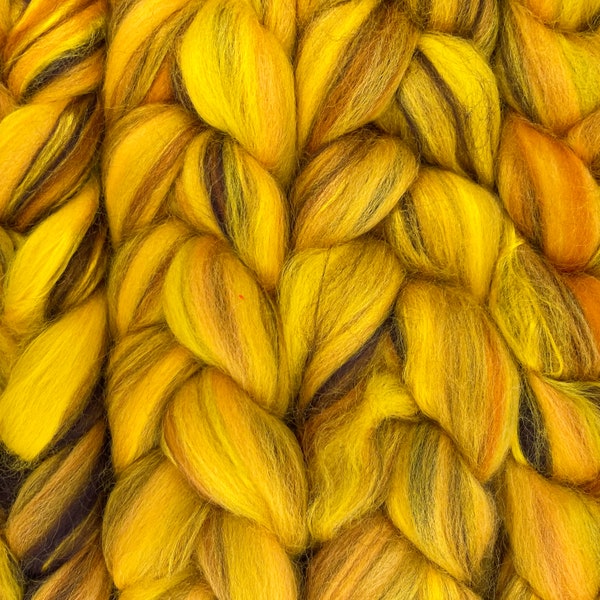 Signature Custom Blend 'Vincent's Flowers' Combed Top. Merino Wool Bamboo Roving Fiber for Hand Spinning & Felting; Yellow, Brown fiber 4oz