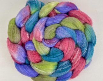 Targhee Wool, Tussah Silk & Bamboo Roving. Combed Top for Hand Spinning, Fiber Felting. Hand dyed "Iris". Pink, Blue, Green, Purple fiber.
