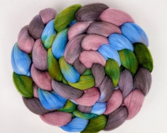 Polworth Wool Fiber Combed Top, Hand Dyed. Roving for Hand Spinning or Fiber Felting "Daybreak" Green, Mauve, Brown, Blue. Ready to Ship