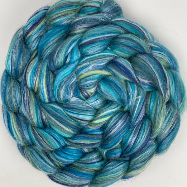 Blended Merino Wool & Tussah Silk Combed Top 'Clearwater' Roving Fiber for Hand Spinning, Felting; Blue, Green, Yellow; 4oz. Ready to Ship!