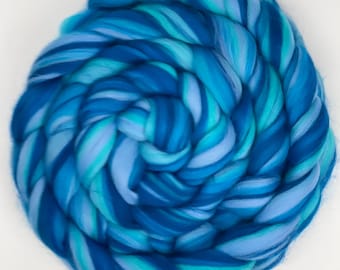 Blended 100% Merino Wool Combed Top 'Uncomplicated' Roving Fiber for Hand Spinning, Wet or Nuno Felting; Blue and Aqua Wool; Ready to Ship!
