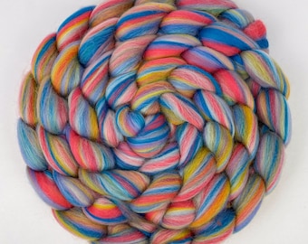 Corriedale Wool Blend 'Acrobat' 4oz Combed Top. Hand Spinning, Wet Felting Roving Fiber. Pink, blue, yellow. Ready to Ship!
