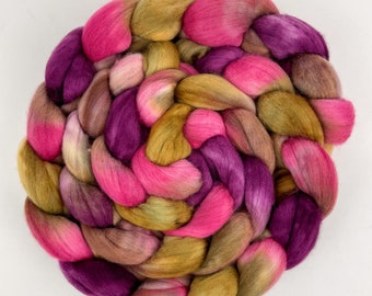 Merino Wool Roving. Hand Dyed Combed Top for Spinning or Fiber Felting 'Annie Oakley' Pink, Beige, Burgundy, Brown Wool Braid. Ready to Ship