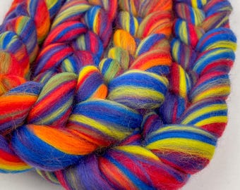 Blended 100% Merino Wool Combed Top 'Cartwheel' Roving Fiber for Hand Spinning, or Felting; Red, Blue, Yellow, Orange fiber; Ready to Ship