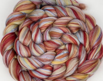 Signature Custom Blend 'Spice Trade' Combed Top Merino Wool Bamboo, Red Gold Beige Roving Fiber for Hand Spinning or Felting; Ready to Ship!