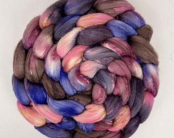 Merino Wool & Tussah Silk Roving Combed Top for Hand Spinning or Fiber Felting. Hand dyed 4oz "Before Dawn" Brown, Pink, Purple Rove.