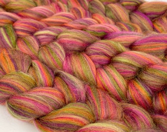 Blended Merino Wool & Tussah Silk Combed Top 'Autumn Harvest' Roving Fiber for Hand Spinning, Felting; Green, Pink, Orange, Purple wool