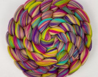 Merino Wool Combed Top Roving Braid 'Caribbean' Turquoise Blue, Yellow, Purple, Pink colors. Hand Spinning or Felting Fiber - Ready to Ship!