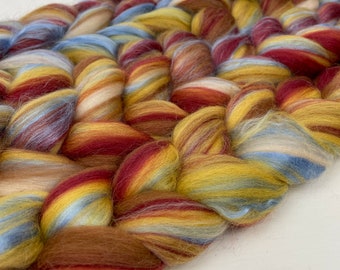 Signature Custom Blend 'Bamboo Trail' Combed Top Merino Wool Bamboo, Red Gold Beige Roving Fiber for Hand Spinning or Felting; Ready to Ship