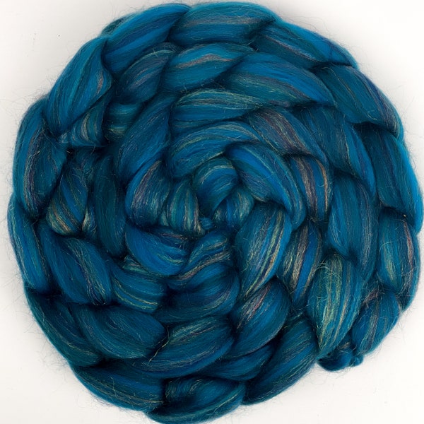 Corriedale Wool Blend 'Cenote' 4oz Combed Top. Hand Spinning, Wet Felting Roving Fiber, Blue Green Wool with Sparkle Nylon. Ready to Ship!
