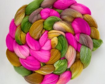 Targhee Wool, Tussah Silk & Bamboo Roving Combed Top for Hand Spinning or Fiber Felting. Hand dyed 4oz 'Flighty' Pink, Green, Yellow, Beige