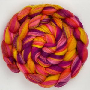 Signature Custom Blend  'Vegas Sunset' Combed Top Merino Wool Roving Fiber for Hand Spinning or Felting; Pink, Yellow, Orange; Ready to Ship