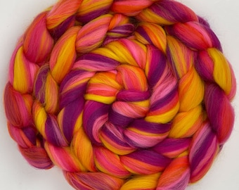 Signature Custom Blend  'Vegas Sunset' Combed Top Merino Wool Roving Fiber for Hand Spinning or Felting; Pink, Yellow, Orange; Ready to Ship