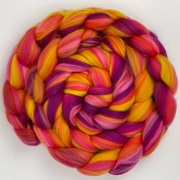 Signature Custom Blend  'Vegas Sunset' Combed Top Merino Wool Roving Fiber for Hand Spinning or Felting; Pink, Yellow, Orange; Ready to Ship