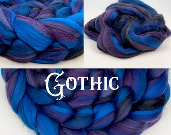 Signature Blend 'Gothic' Merino & Bambus 4oz gekämmte Kammzüge Schwarz, Blau, Marineblau, Lila; Handspinnen oder Filzen, Kammzugfaser; Versandfertig!