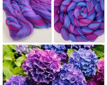 Signature Custom Blend. 4oz Combed Top 100% Merino Wool - Hydrangea - blue pink purple - Spinning Felting Roving Fiber - Ready to Ship!