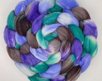 Targhee Wool, Tussah Silk & Bamboo Roving Combed Top for Hand Spinning or Fiber Felting. Hand dyed 4oz "African Violets" Purples Green Brown