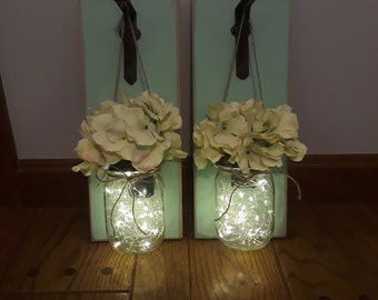 Green Mason jar lanterns, set of 2