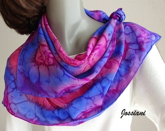 Hand Painted Silk Scarf Purple Pink Magenta Crepe Square Neck Scarf, Unique Small Square Scarf, Hand Dyed, Artist Handmade, Unique, Jossiani