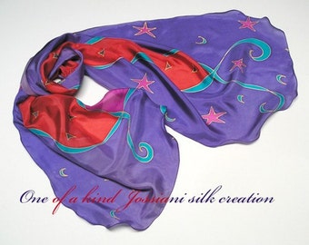 Hand Painted Silk Scarf, Unique Handmade, Stars and Moons, Large Scarf,  Multicolor Scarf, Unique Silk Scarf, One of a Kind, Jossiani