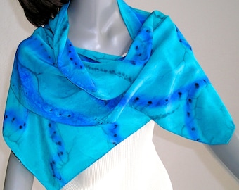 Hand Painted Unique Blue Scarf, Turquoise Pure Silk Scarf, Artist Handmade, One of a kind, Jossiani.