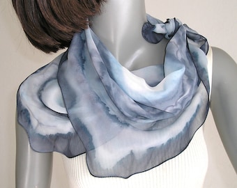 Gray Blue Scarf, Periwinkle Small Square Kerchief, One of a Kind,  Hand Painted Silk, 23x23" Hand Dyed Bandana Style Original Art, Jossiani
