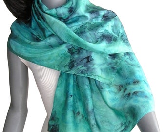 Lucite Green Scarf, Hand Painted Silk, Mint Aqua Wrap, Hand Dyed Sea Glass Scarf, Classic Blue Aqua, by Jossiani