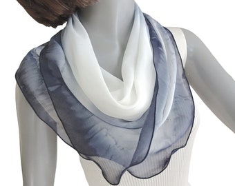 White Gray Black Scarf, Small Neck Square, One of a Kind,  Hand Painted Silk, Neck Silk Scarf, Hand Dyed, Artist Handmade, Unique, Jossiani