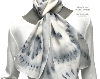 Hand Dyed Silk Scarf, White Gray Ivory Hand Painted with silk dyes, One of a kind, Jossiani.