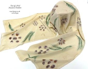 Hand Painted Silk Scarf, Beige Earth Tones Olive Green Browns, Unique JOSSIANI Creation, ready to ship.