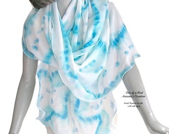 Hand Painted Silk Shawl, Turquoise White Aqua Light Blue Lucite Wrap, Aquamarine Wrap, Artisan Handmade by Jossiani