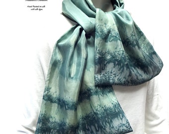 Hand Painted Silk Scarf Gray Sage Green, One of a Kind Hand Dyed by Jossiani.