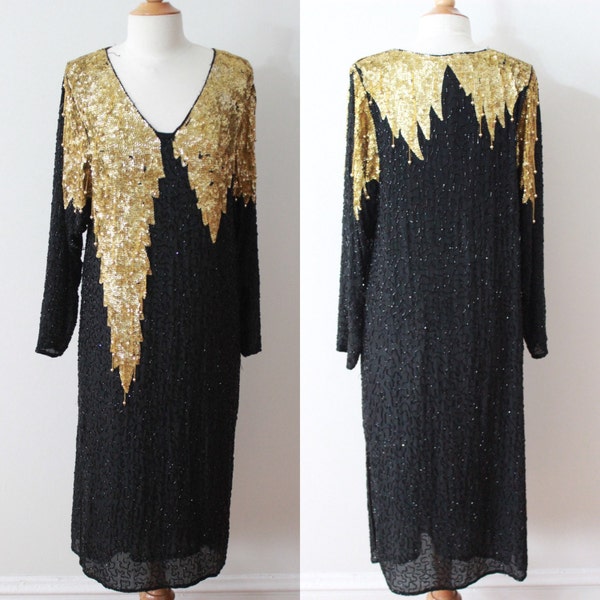 Vintage black and gold beaded dress - medium