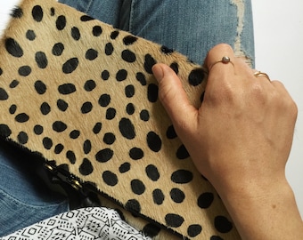 Cheetah print fold down clutch ~ Hair on hide leather