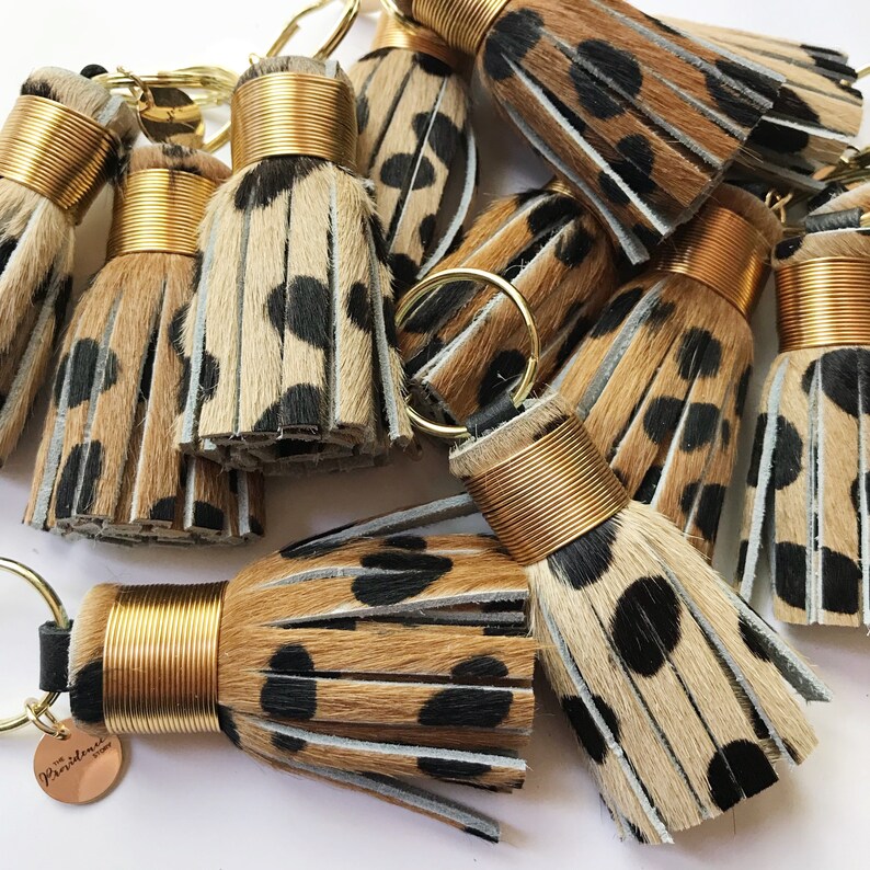 The Original Mini Cheetah Print Tassel Keychain - hair on hide leather 