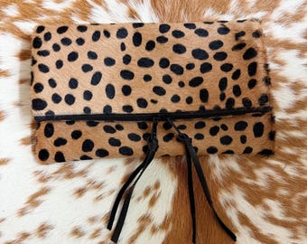 Cheetah print fold down clutch ~ Hair on hide leather
