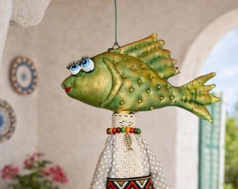 Textile Crazy Fish  Handmade Art Doll Wall Décor  fish figurine