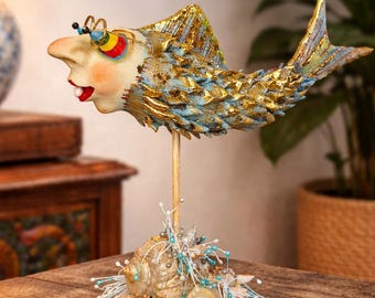 OOAK Golden Fish Figurine Sculpture, Handmade Fantasy Fish Art, Unique Pisces Gift, funny Coastal Decor,  Surreal Ocean Sculpture
