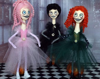 Handmade Gothic figurine: Creepy Cute Wednesday, Emo haunted figurine, Weird halloween girl spooky decor  10" Decor Piece