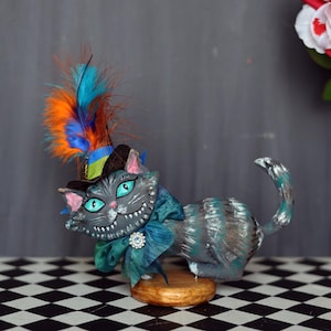 Cheshire Cat with striped bow figurine,Handmade  textile  toy cat  Alice in Wonderland