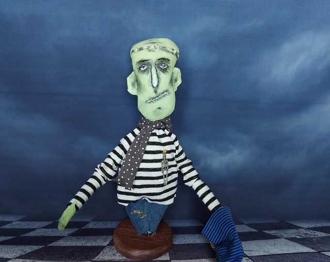 Frankie Handmade Rag Doll  Frankenstein Creepy Figurine in a blue striped hat gifts for boyfriend