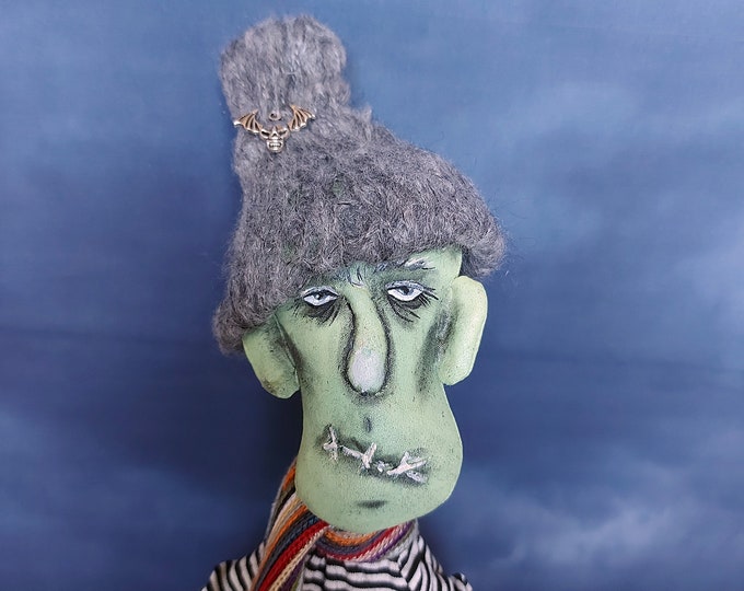 Frankie doll in a gray hat Handmade cute Creepy Figurine  Frankenstein gifts for boyfriend