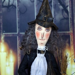 Handmade black Witch with a Broomstick, Witchy Halloween Decor Indoor, Halloween Gifts