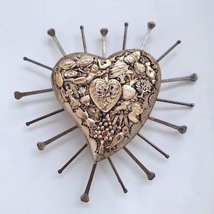 Sacred Heart Ex-Voto: Silver Milagros Ornament with Nails